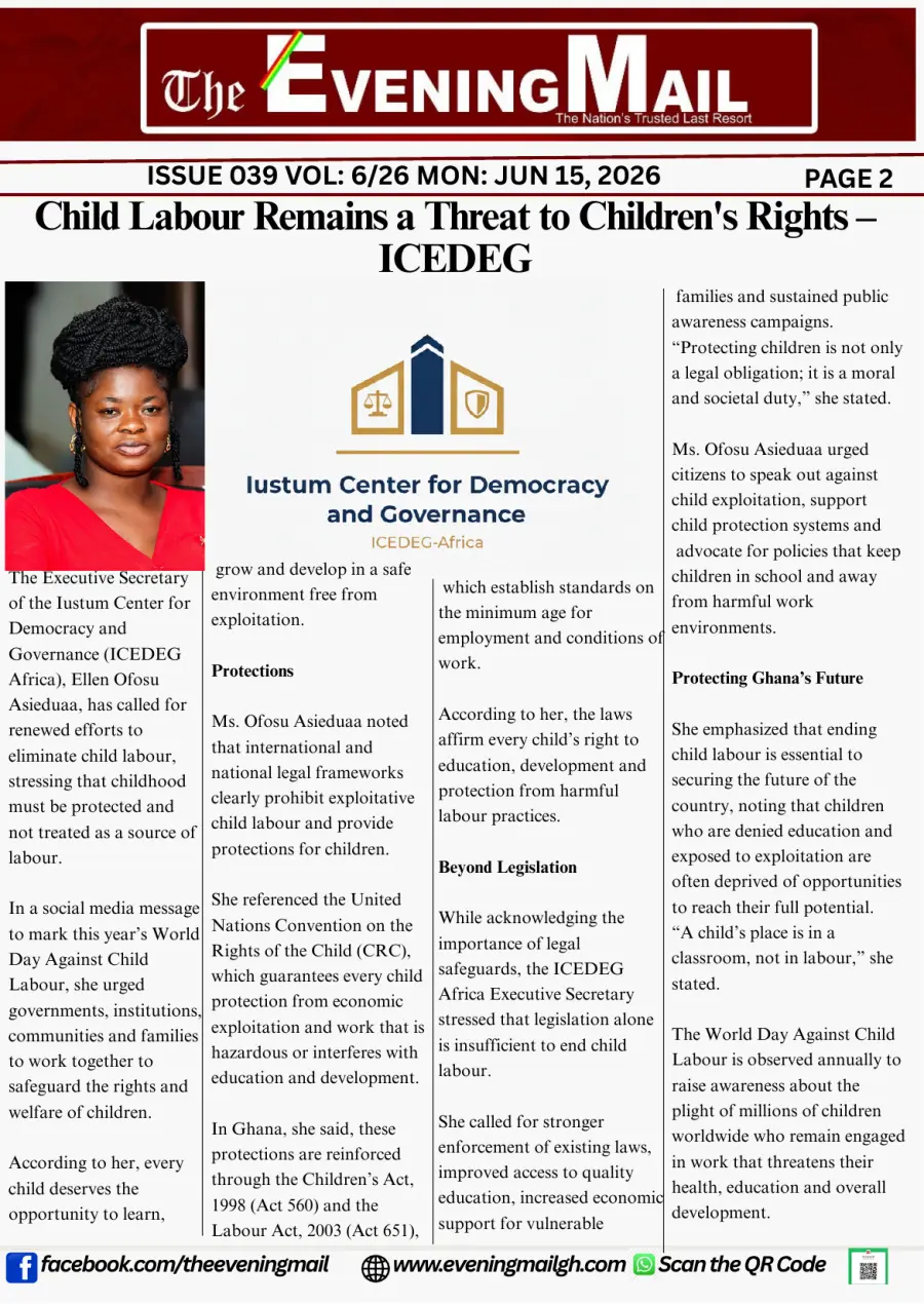 The Evening Mail article page featuring ICEDEG-Africa child labour coverage