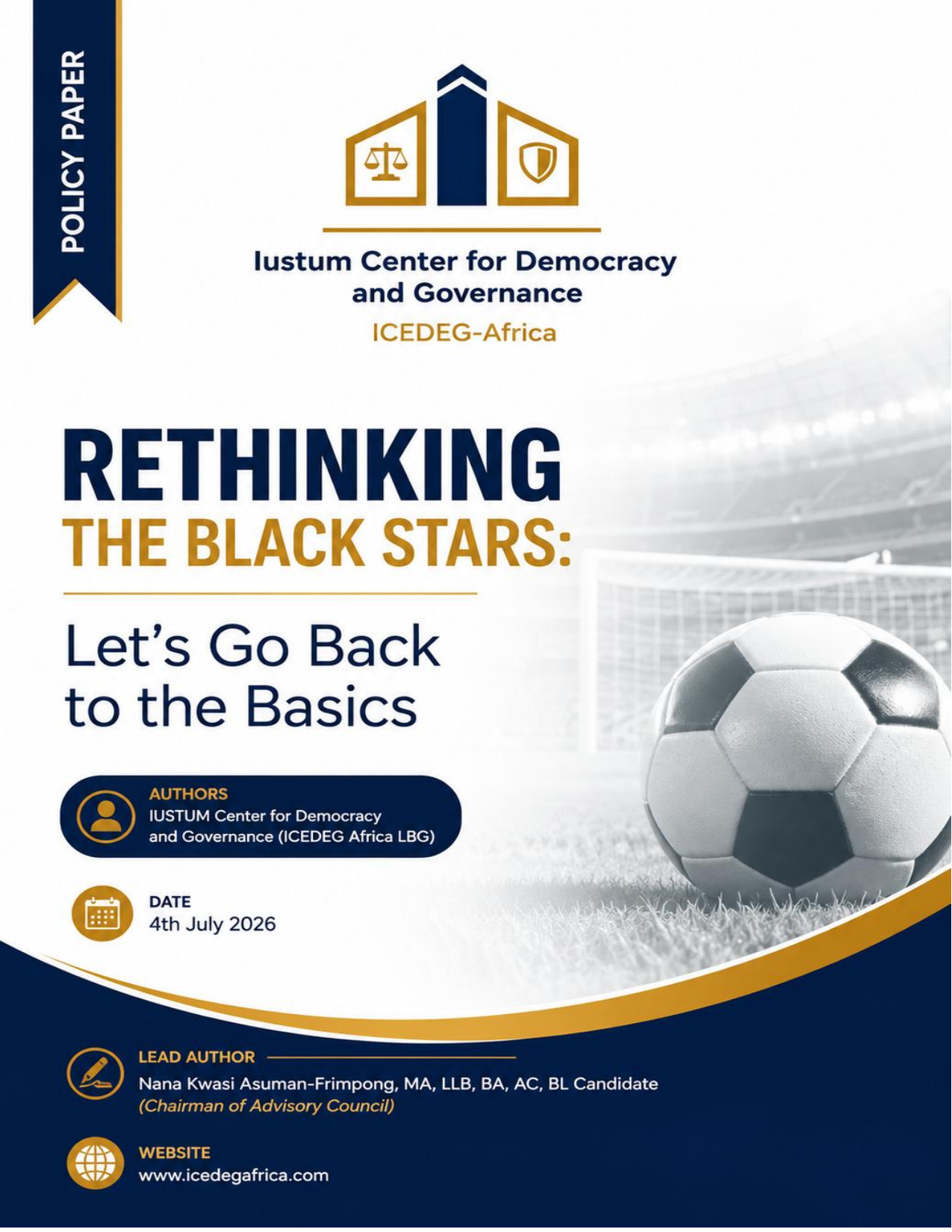Cover of ICEDEG-Africa policy paper titled Rethinking the Black Stars: Let's Go Back to the Basics